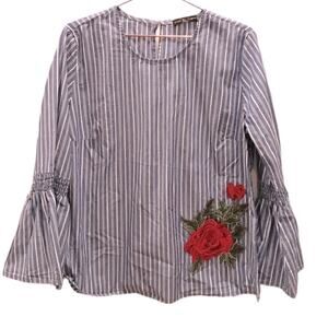 Kim & Cami Striped Floral Appliqué Bell Sleeve Blouse